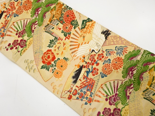 JAPANESE KIMONO / ANTIQUE MARU OBI / WOVEN CARRIAGE & CRANE